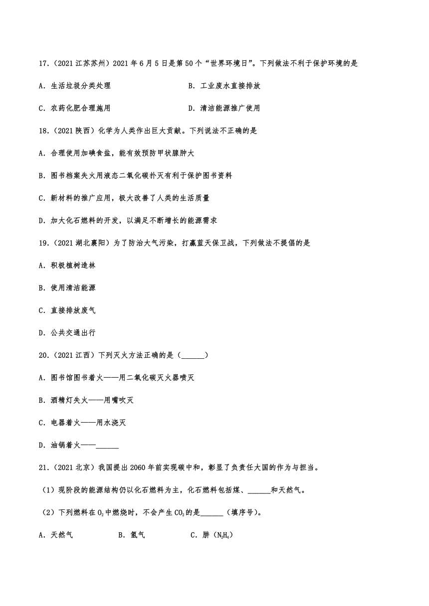 2021年中考化学真题专题训练——燃料及其利用（含解析）