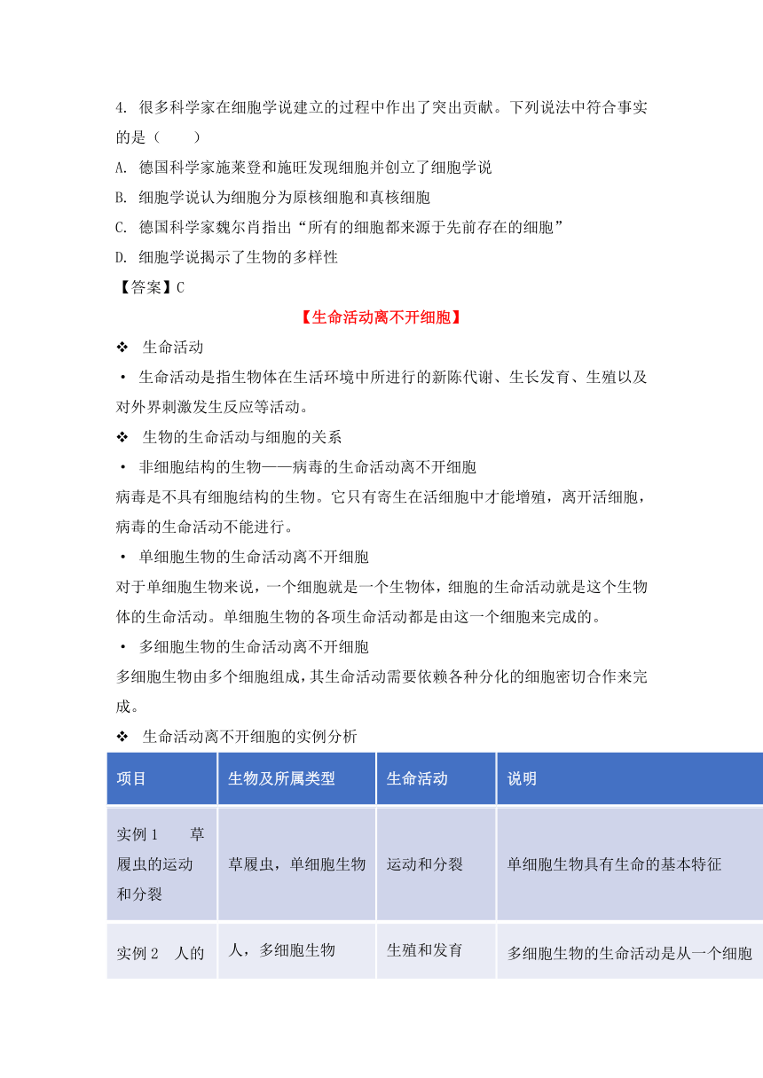 人教版（2019）必修一备考期末-《走近细胞》-“细胞是生命活动基本单位”章节重点归纳&典例示范学案（含答案）