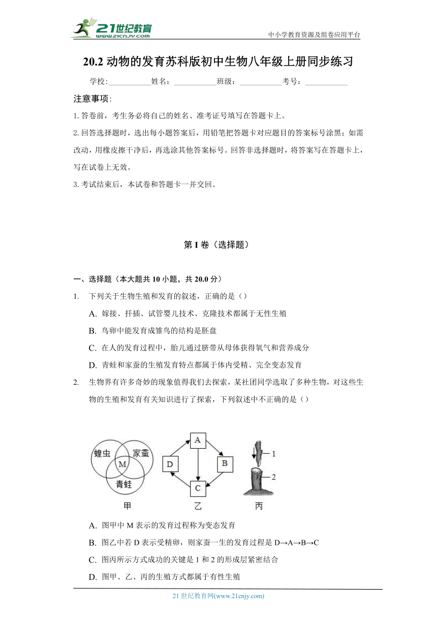 苏科版初中生物八年级上册20.2动物的发育 同步练习（含答案解析）