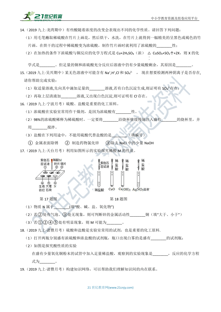 【章末题型分练】9年级上册 第1章 物质及其变化 填空题（含答案）