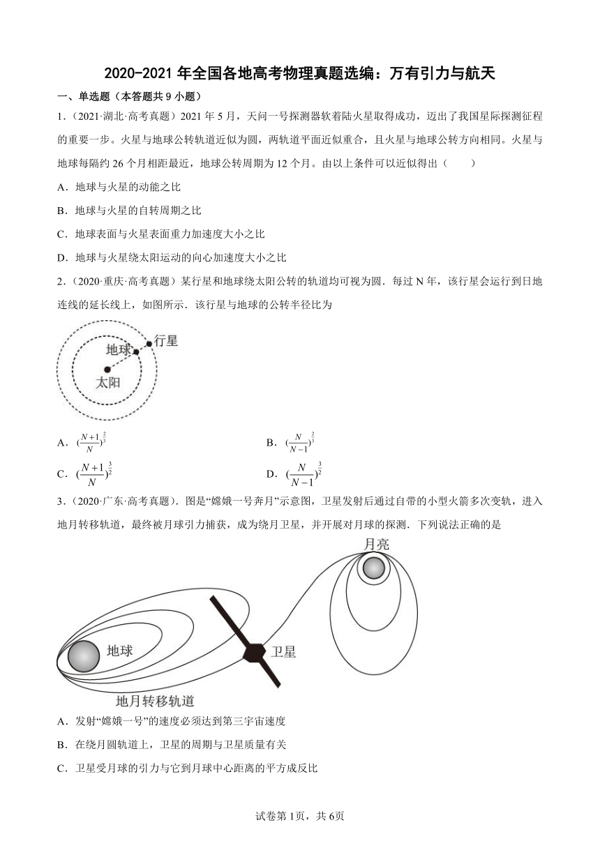 2020-2021年全国各地高考物理真题选编：万有引力与航天（word版含答案）