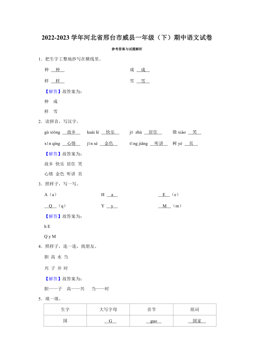 2022-2023学年河北省邢台市威县一年级（下）期中语文试卷(解析版)