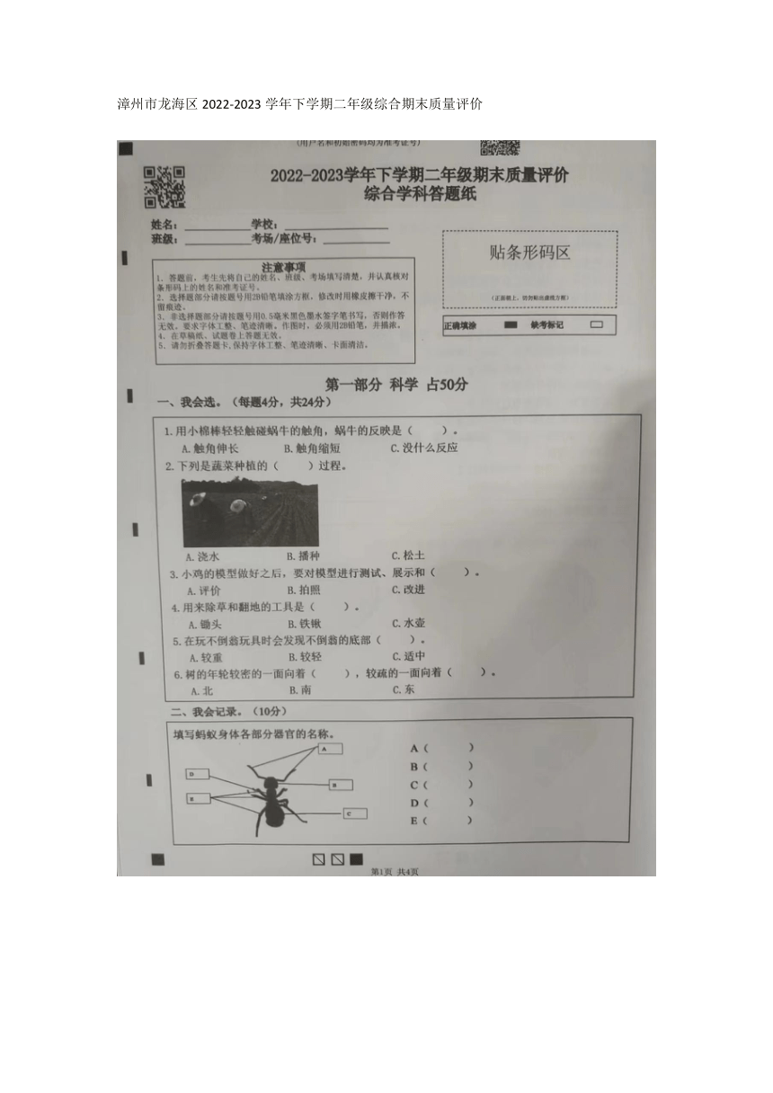 漳州市龙海区2022-2023学年下学期二年级综合期末质量评价（图片版 无答案）