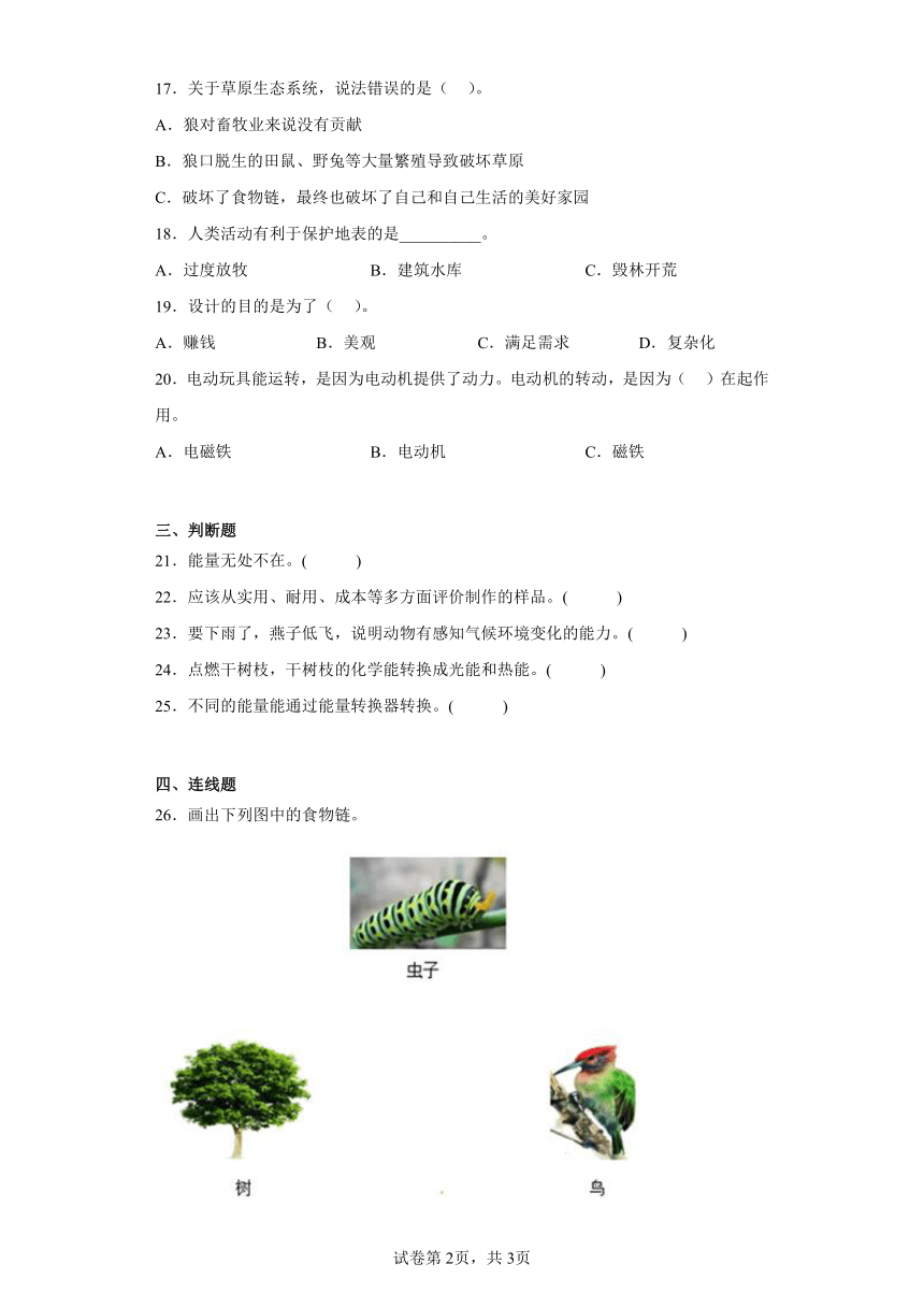 粤教版六年级下册科学期末训练题（含答案）