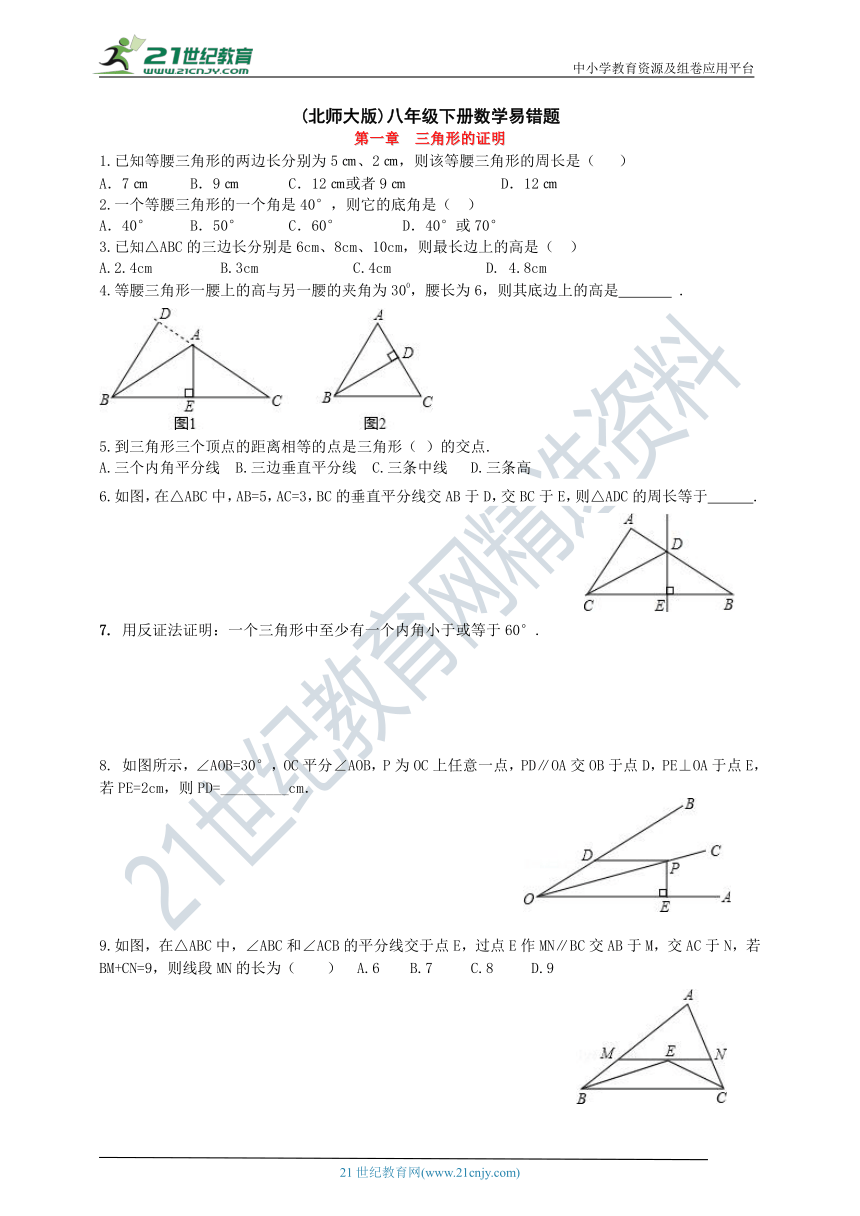 北师大版数学八年级下册易错题专练 第一章 三角形的证明（含答案）
