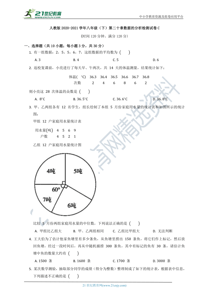 第二十章 数据的分析单元质量检测试卷C（含答案）