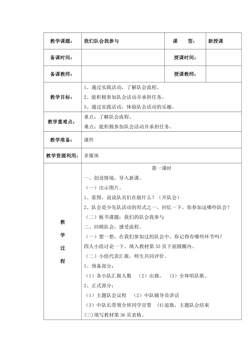 第二单元 主题活动二 我们队会我参与 教案（2课时，表格式）