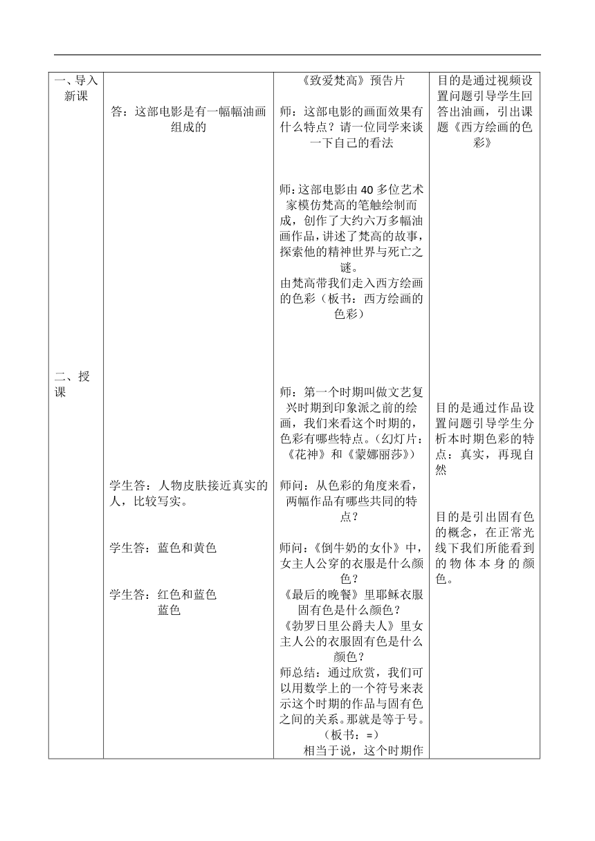 冀美版八年级美术上册《1.西方绘画的色彩》教学设计（表格式）