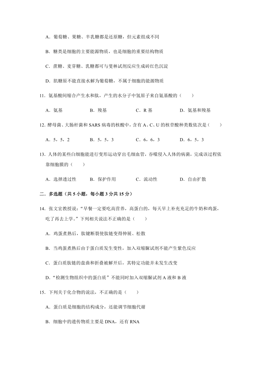 河北省石家庄市元氏县第四中学2021-2022学年高一上学期期中考试生物试卷（Word版含答案）