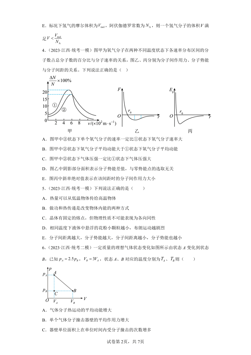 江西省2023年高考物理模拟试题知识点分类训练：热学（含解析）