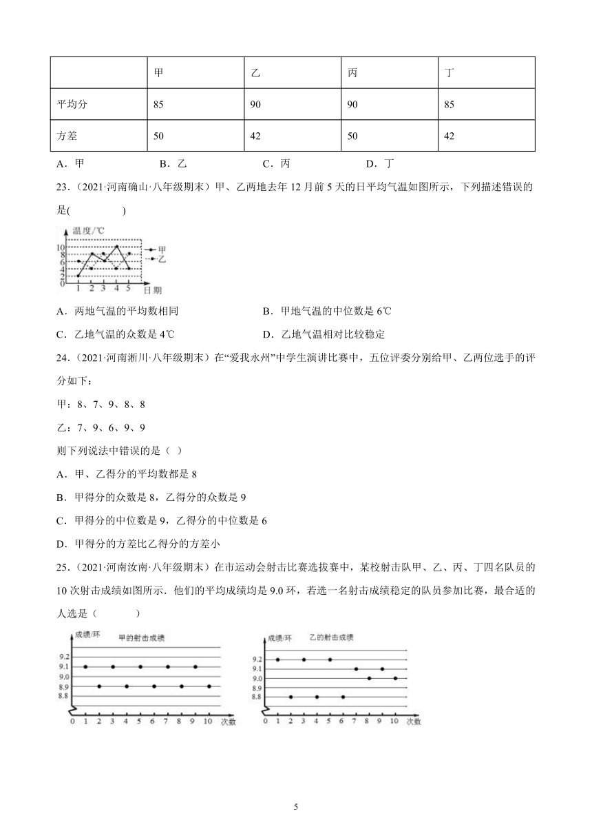 第20章数据的分析练习题2020－2021年河南省各地八年级下学期期末数学（人教版）试题选编（Word版含解析）