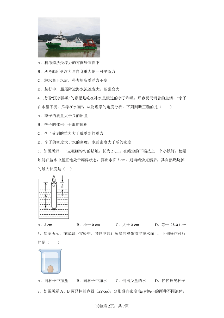 10.3物体的沉浮条件及应用同步练习（含答案）人教版物理八年级下册