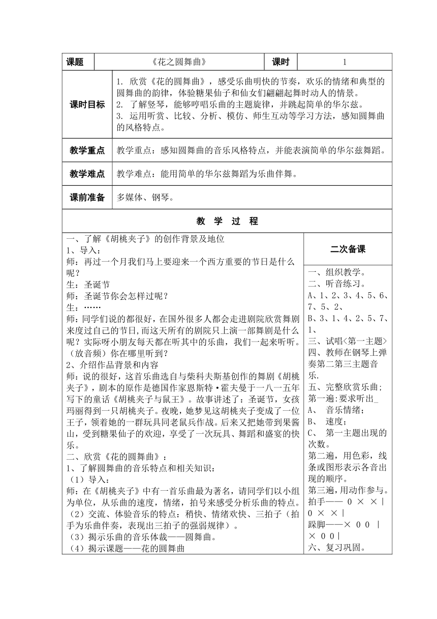 苏少版 四年级下册音乐教案第一单元花之圆舞曲（表格式）