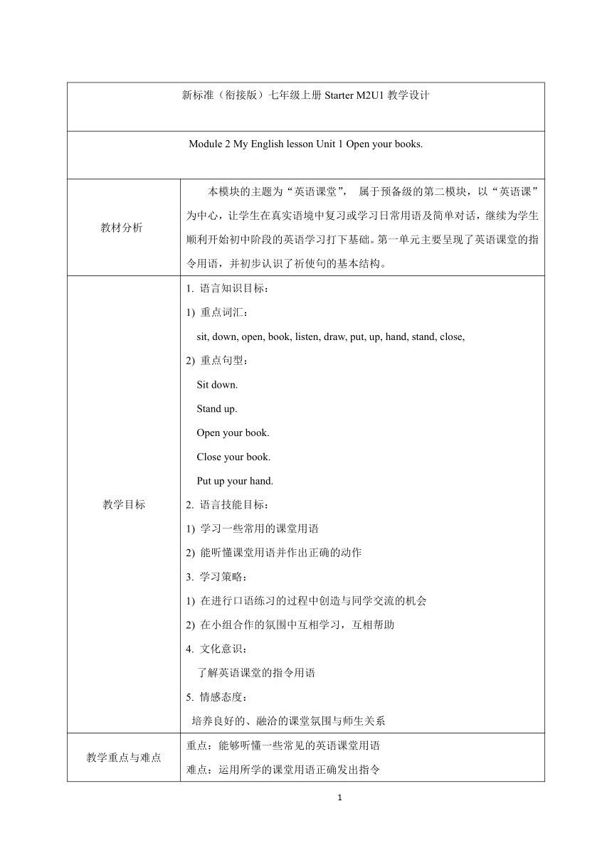 Starter Module 2 My English lesson Unit 1 Open your books.（表格式教案）