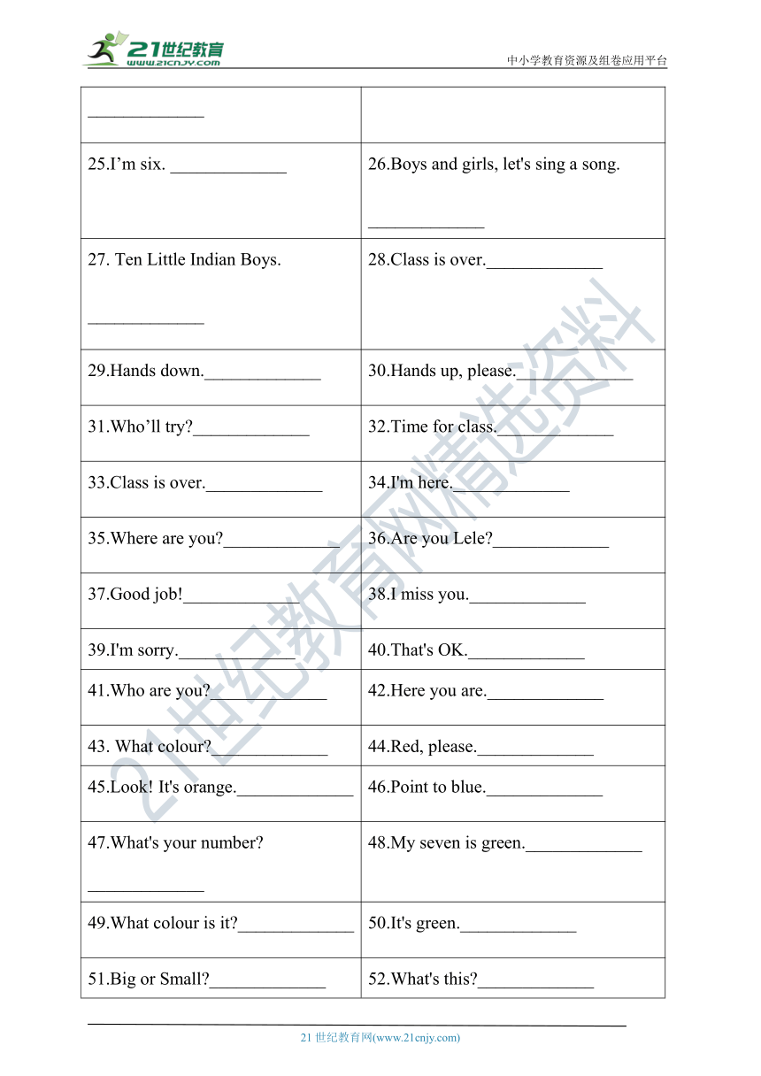 【期末高频考点专题精准练】川教版小学英语三年级上册期末专项练习--英译汉 句型（含答案）