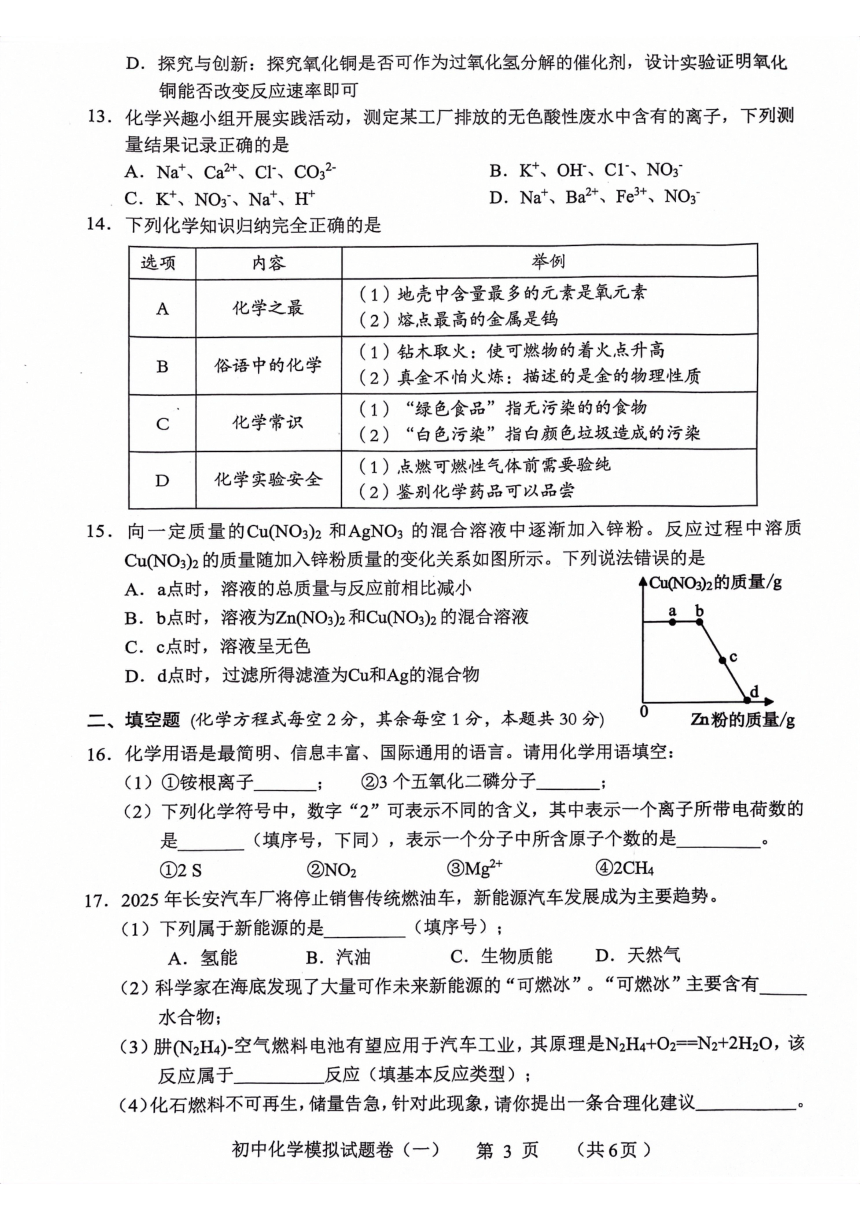2023年湖南省常德市学业水平考试模拟考试化学试卷(图片版无答案）