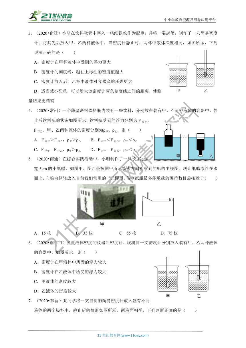 【备考2021】中考物理 二轮复习 高频考点剖析力学专题  第七讲  物体沉浮问题（考点扫描+考点剖析+问题原卷+问题解析）