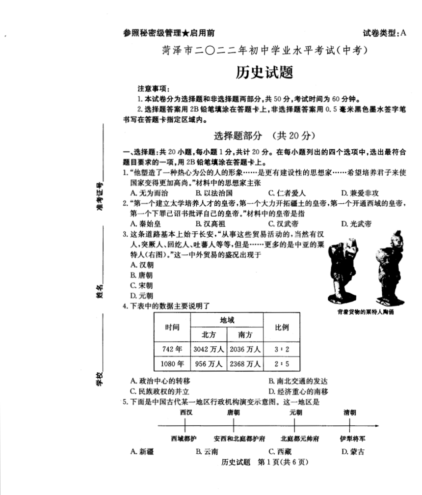 2022年山东省菏泽市中考历史真题（PDF版，无答案）