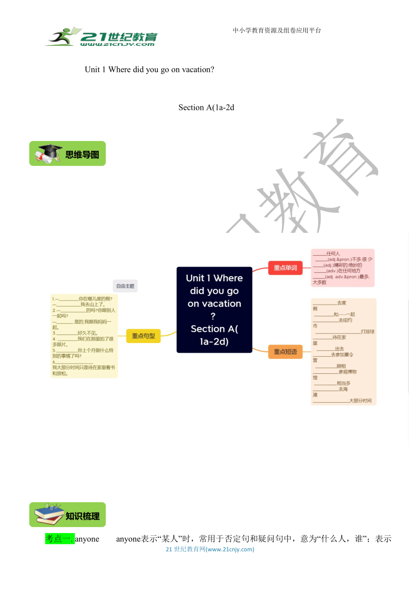 Unit 1 Where did you go on vacation? Section A 1a--2d思维导图+知识点梳理+过关练习