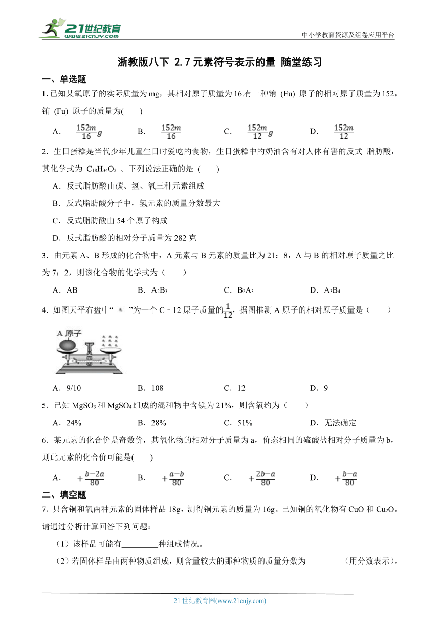 浙教版八下 2.7元素符号表示的量 随堂练习（含解析）