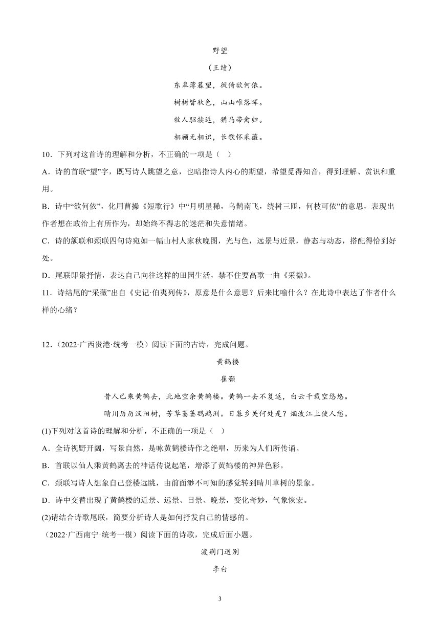 广西壮族自治区2023年九年级中考备考语文专题复习：诗歌鉴赏题（含解析）