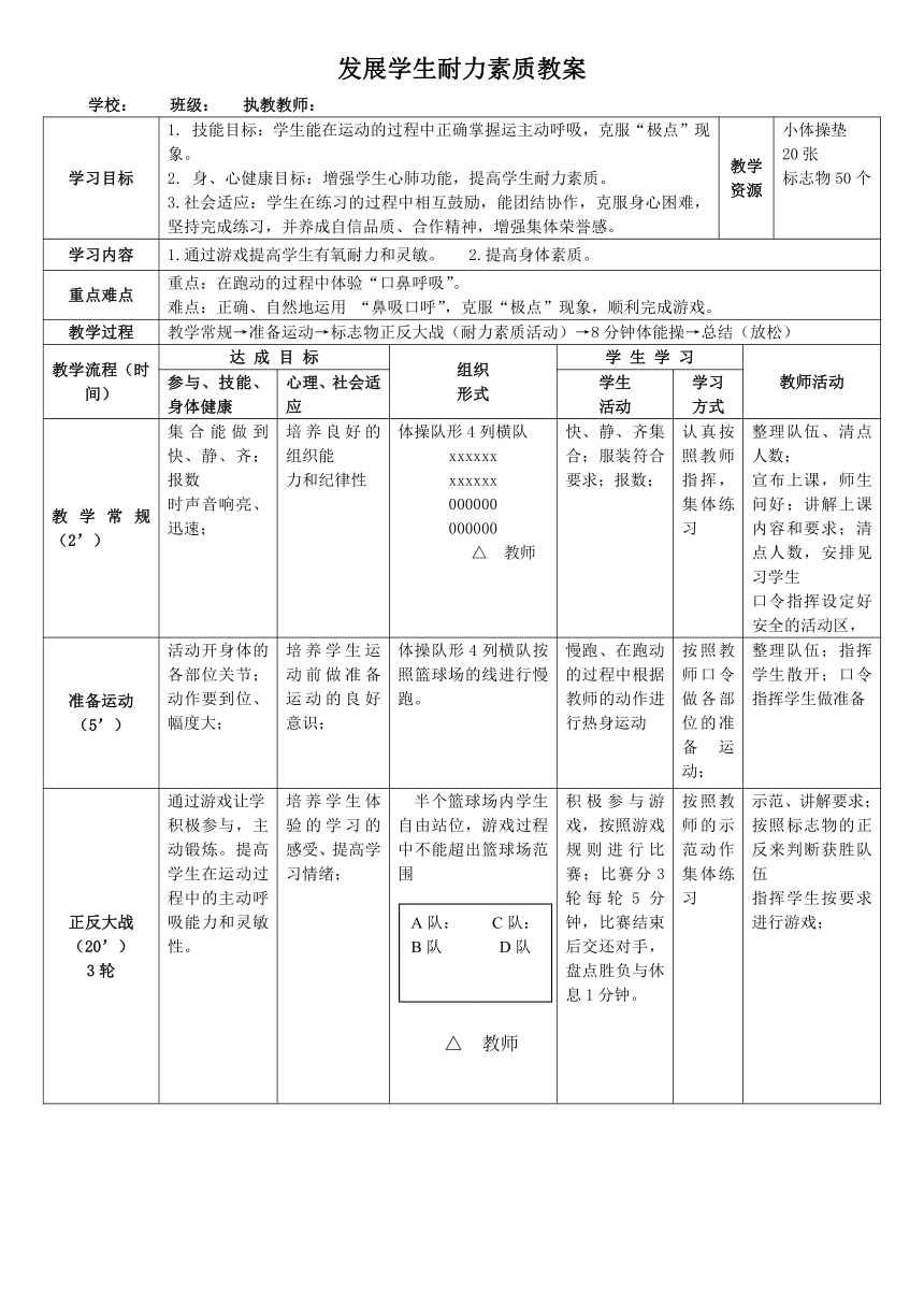 初二体育发展学生耐力素质教案（表格式）