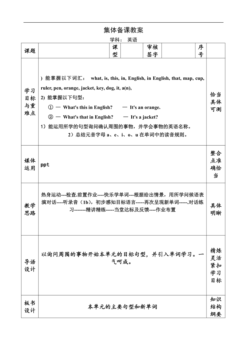 Unit2 What’s this in English—Section A(1A-2C) 教案（表格式）