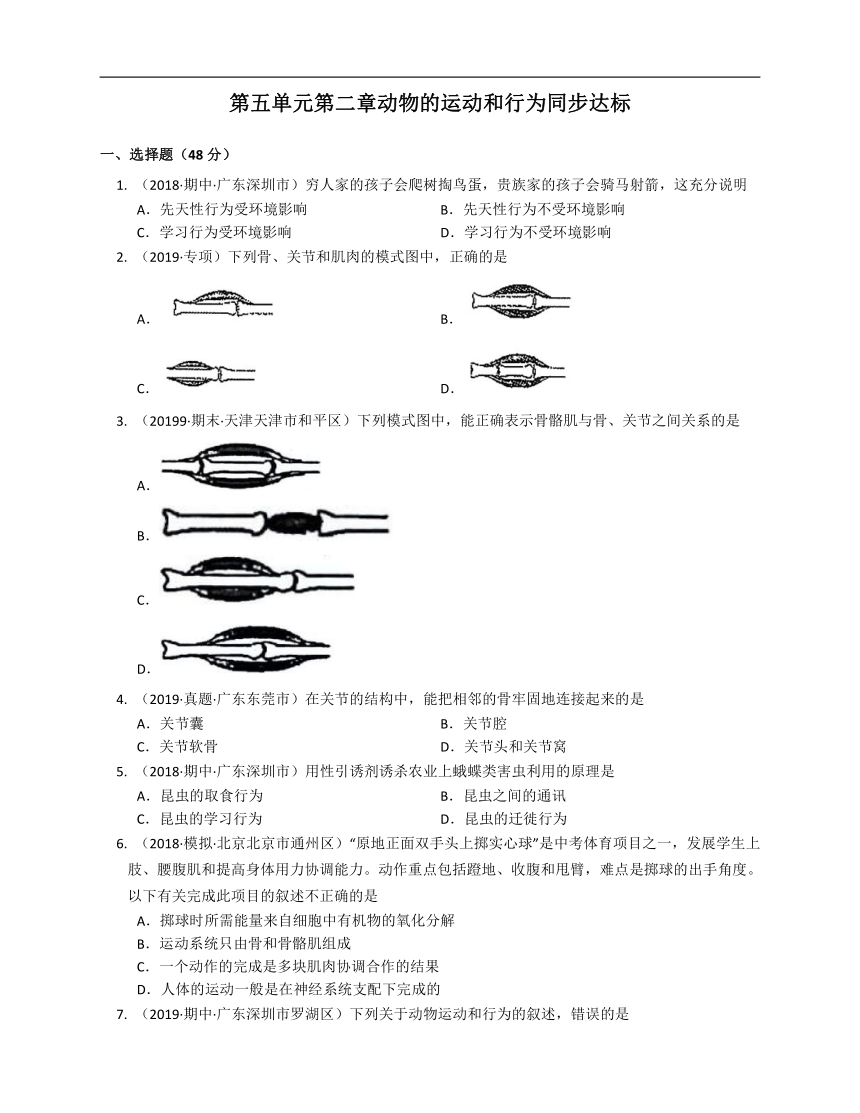 2020-2021学年人教版八年级生物上册第五单元第二章动物的运动和行为同步达标(word版含答案解析）