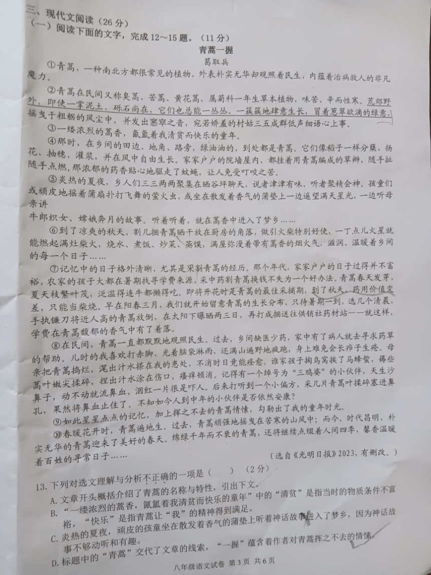 江西省宜春市丰城市孺子学校2022-2023年八年级下学期期末质量监测语文试题（图片版，无答案）