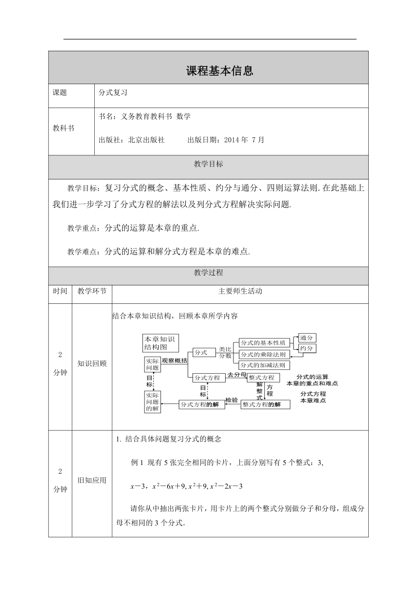 京改版数学八年级上册第十章分式复习 教学设计（表格式）