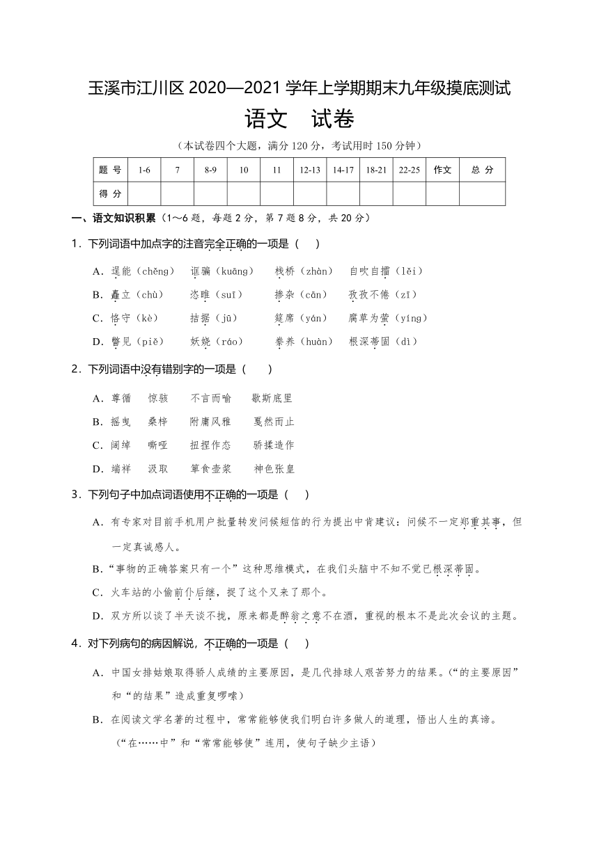 云南省玉溪市江川区2020-2021学年九年级上学期期末教学质量抽测语文试题（word版，含答案）