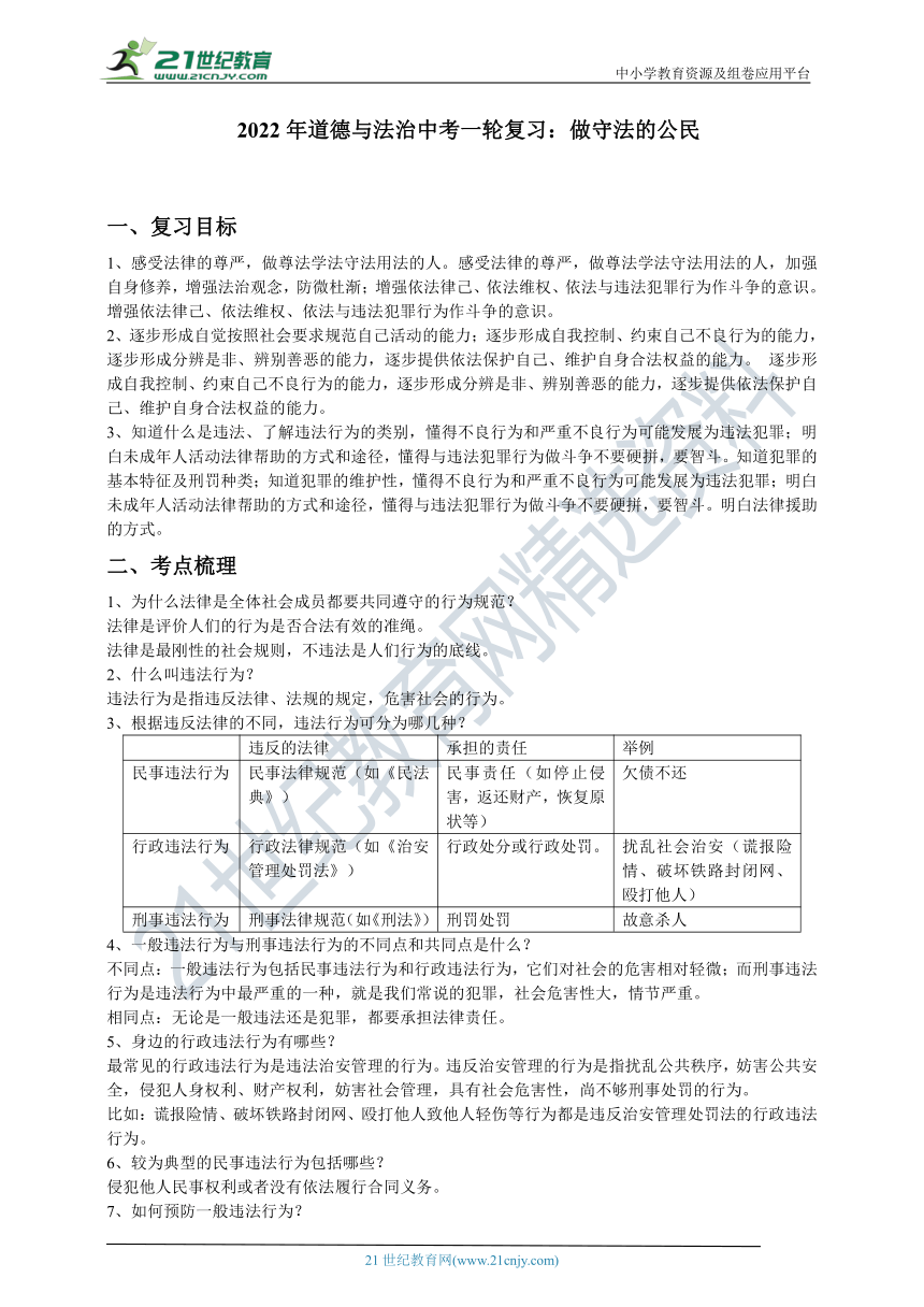 2022年道德与法治中考一轮复习学案：做守法的公民