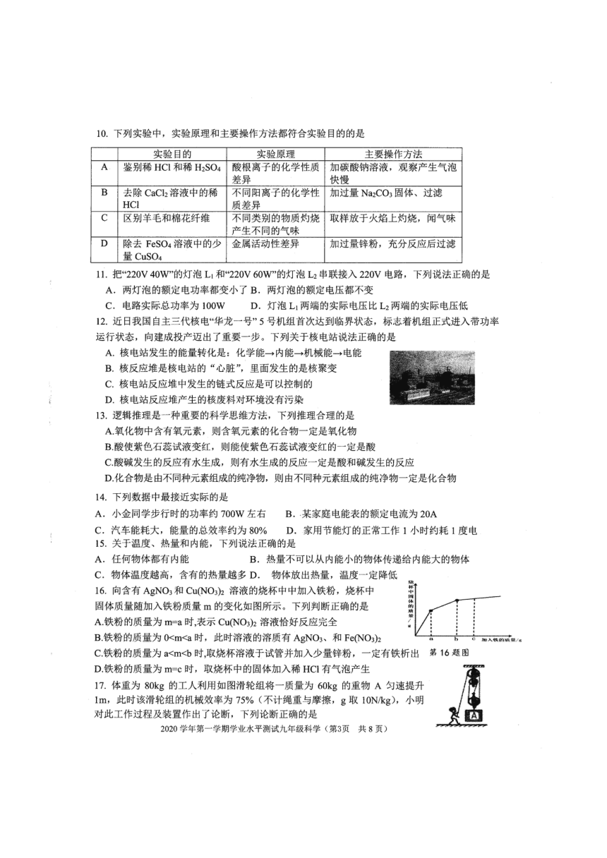 浙江省杭州市江干区2020-2021学年第一学期九年级科学期末检测试题（扫描版，含答案）