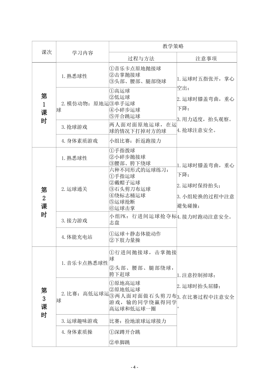 小学体育与健康 水平二三年级 篮球18课时大单元计划-----多种形式的运球 素材（表格式）