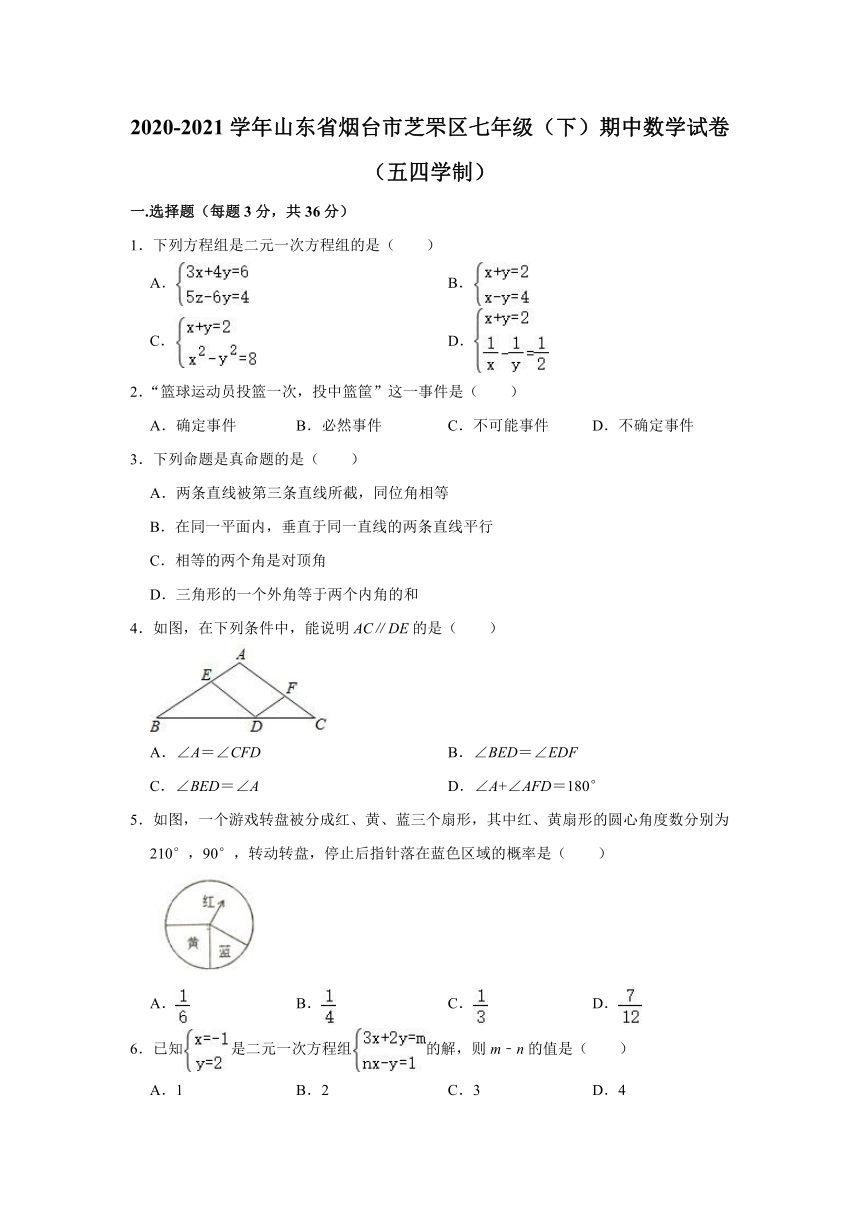 2020-2021学年山东省烟台市芝罘区七年级（下）期中数学试卷（五四学制）（word版无答案）