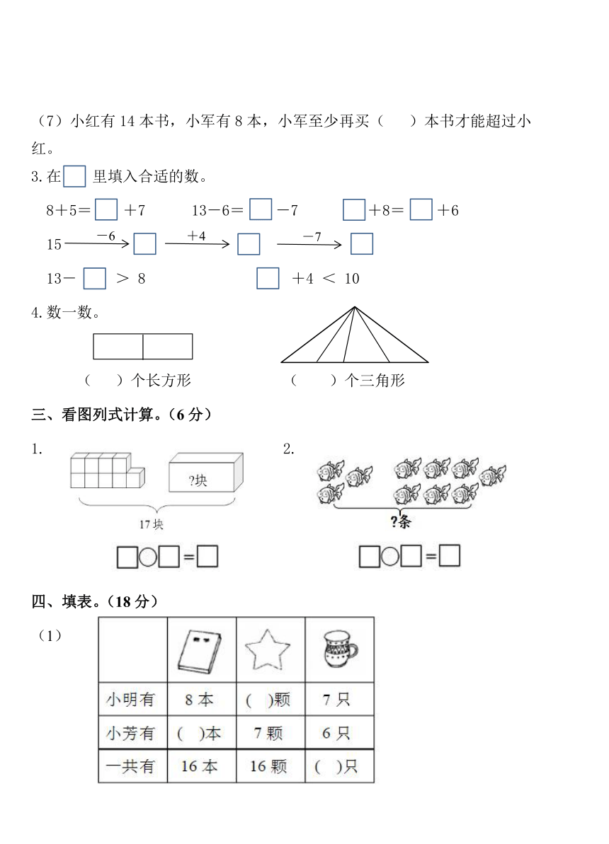 江苏省淮安市洪泽县外国语学校五校联考2020-2021学年第二学期一年级数学第一次（3月）月考试题（word版，无答案）