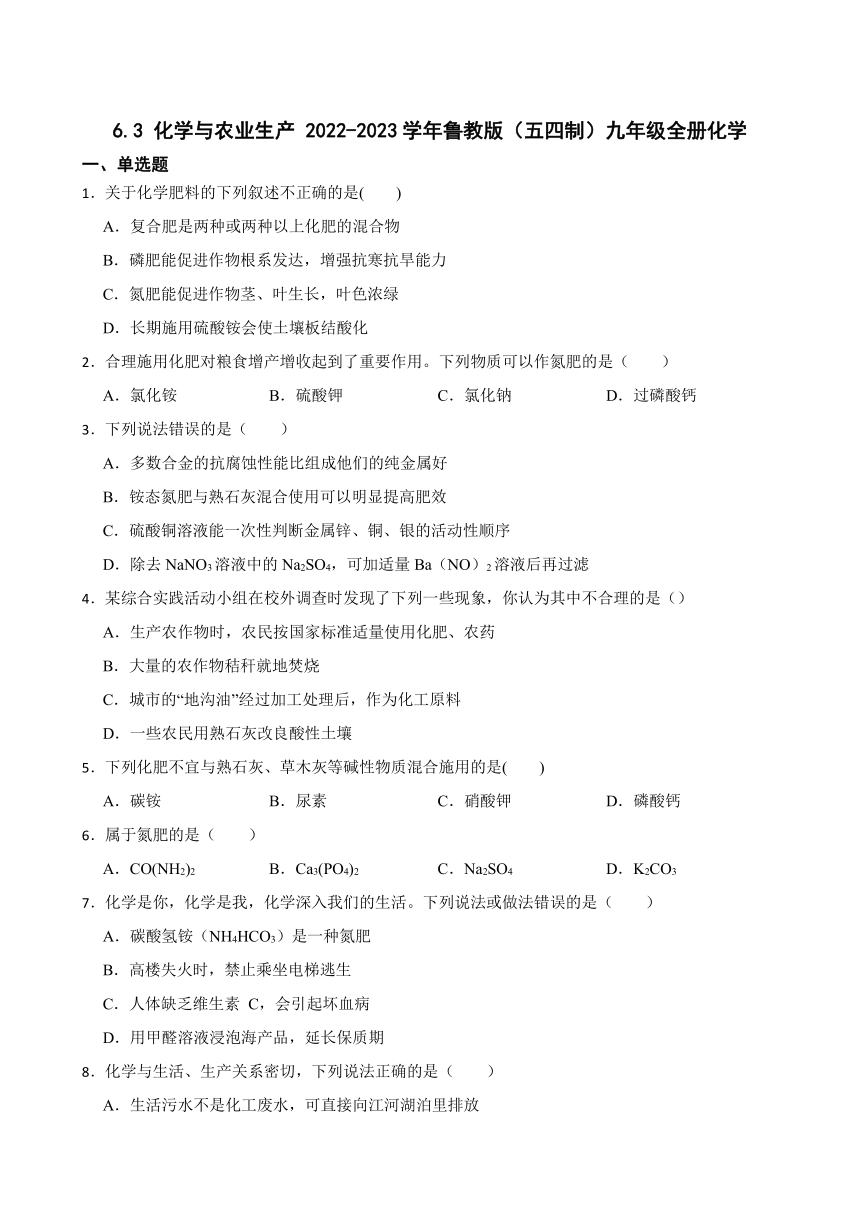 6.3 化学与农业生产 同步练习（含答案）2022-2023学年鲁教版（五四制）九年级全册化学