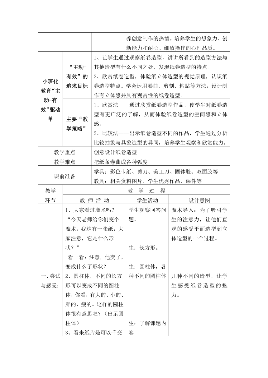 沪教版 四年级下册美术 第8课 纸卷造型 教案（表格式）