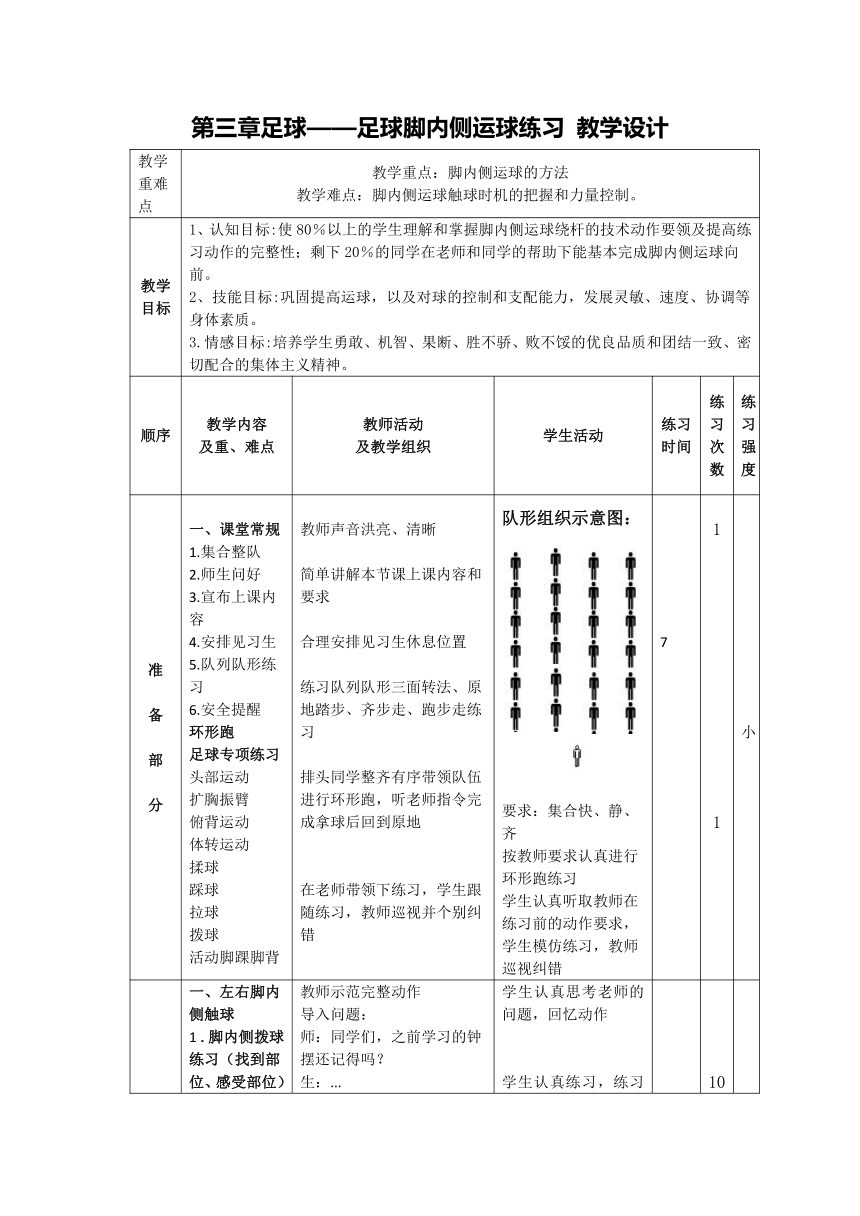 第三章足球——足球脚内侧运球练习 教学设计（表格式） 2022-2023学年人教版初中体育与健康八年级全一册