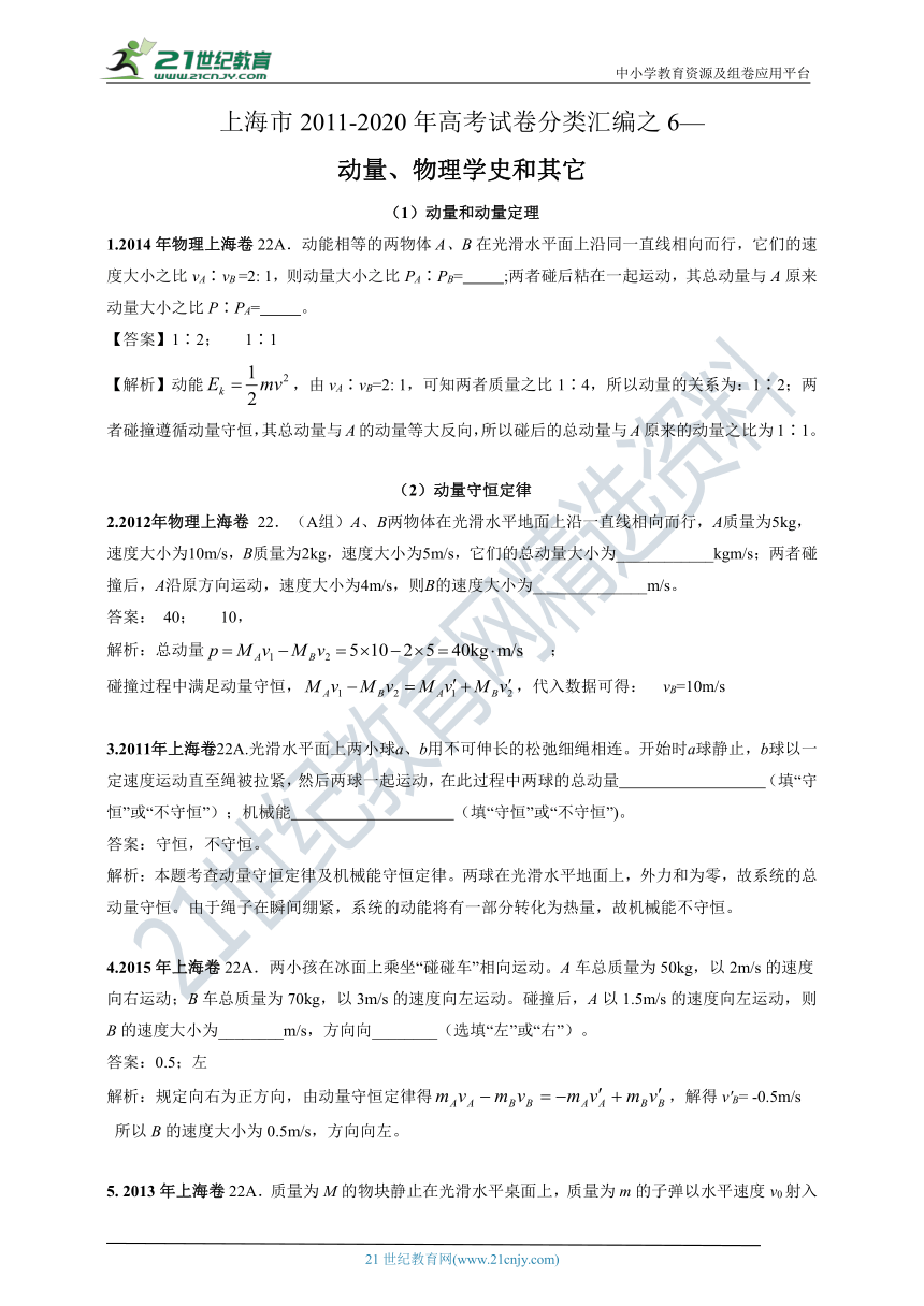 上海市2011-2020年高考物理试卷专项分类汇编之6—动量、物理学史和其它（含答案及解析）