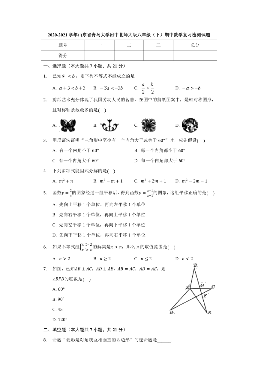 山东省青岛大学附属中学2020-2021学年北师大版八年级（下）期中数学复习检测试题（Word版含解析）