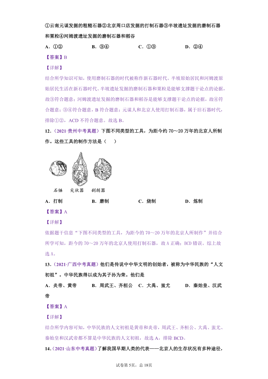 专题01：中国境内早起人类与文明的起源——2021年中考历史真题分项分类汇编（含解析全国通用）