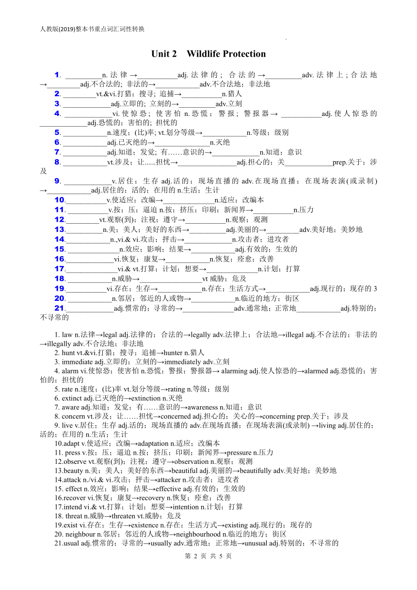 人教版（2019）必修 第二册全册重点词汇词性转换（共5个单元，有答案）