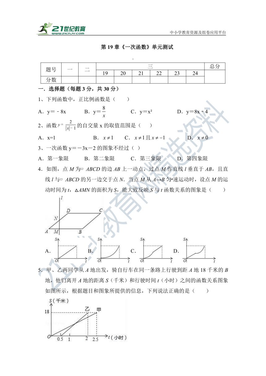 第19章 一次函数  单元同步检测试题（含答案）