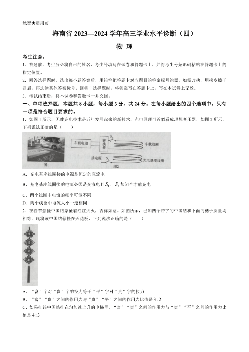 海南省2023-2024学年高三下学期学业水平诊断（四）物理 （解析版）