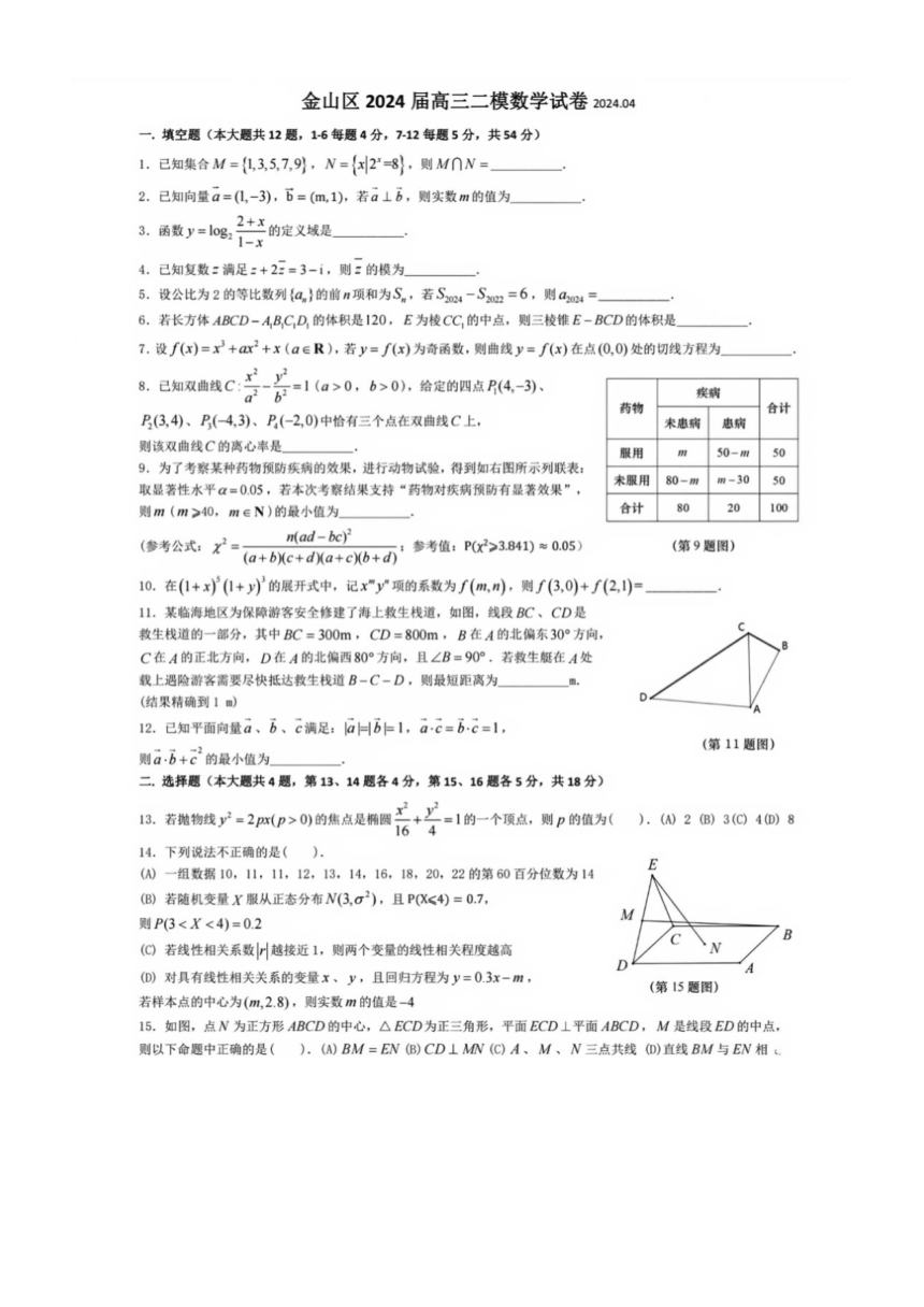 上海金山区2024届高三二模数学试卷（PDF版含答案）