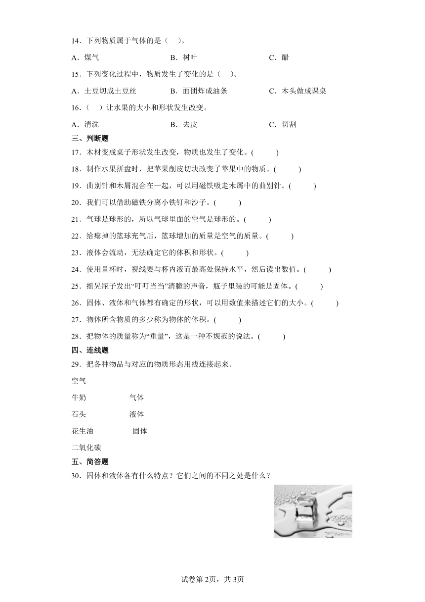 第五单元不一样的物体期末复习卷三年级科学下册（大象版2017）