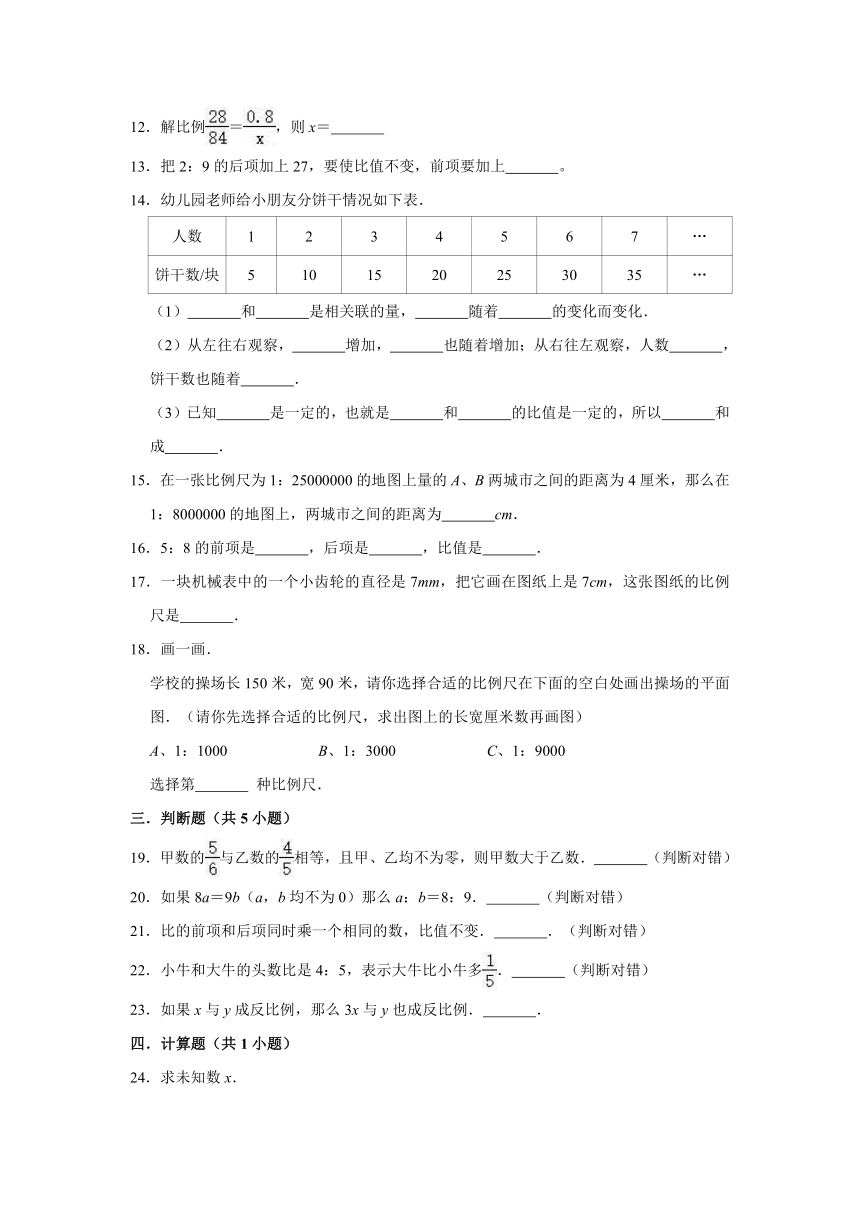 2020-2021学年小学六年级数学下册第二章《比和比例》单元测试题北京课改版（word版 有答案）