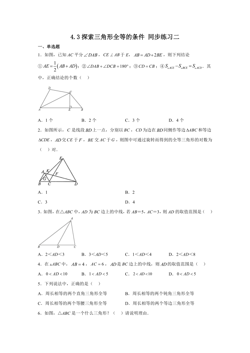 4.3探索三角形全等的条件 同步练习（二） 北师大版数学七年级下册（含答案）