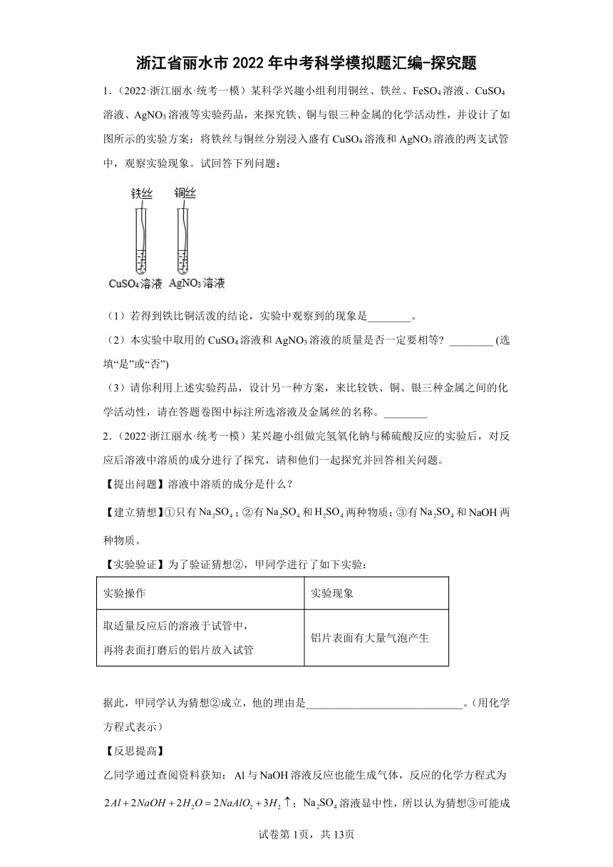 浙江省丽水市2022年中考科学模拟题汇编-探究题